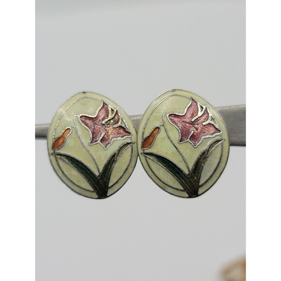 Vtg Cloisonne Round Blue Flower Earrings Pierced Ears Gold Tone - Picture 1 of 2